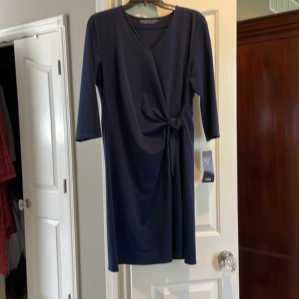 NWT Navy, Katherine Wey Faux Wrap, 3/4 sleeved dress. Faux wrap, ties at waist.